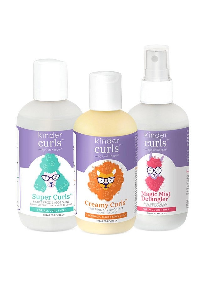 Kinder Curly Hair Travel Set For Kids Super Curls Styler Hair Cream Magic Mist Hair Detangler Spray & Curl Cream For Kids (3Pack 3 Oz Each) Curly Hair Products For Natural Beauty