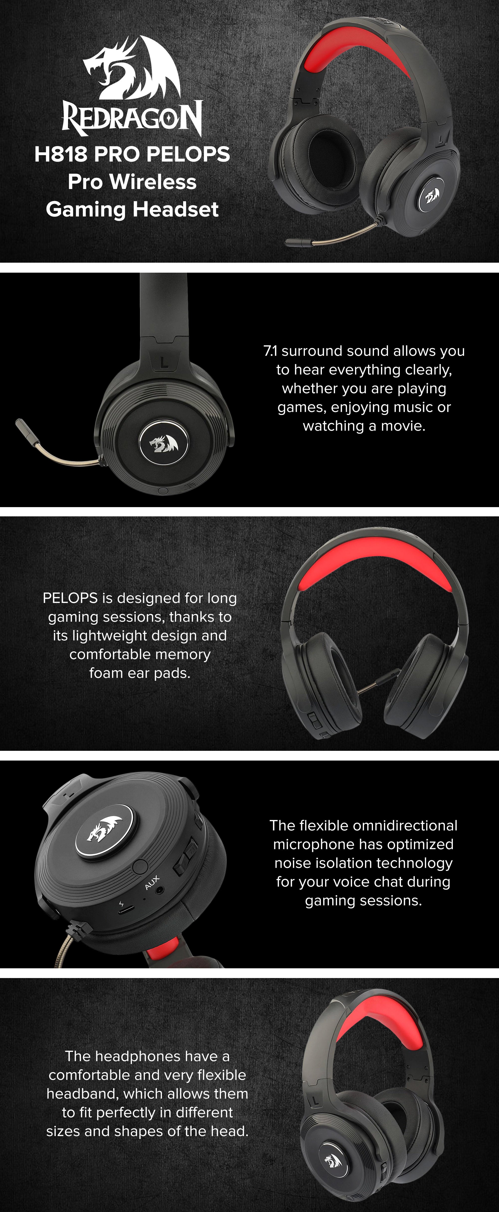 Redragon H818 PRO PELOPS Pro Wireless / AUX Virtual 7.1 Surround Gaming Headset -12 Hour - Lightweight for PC , PS4/5 , XBOX and Smartphone