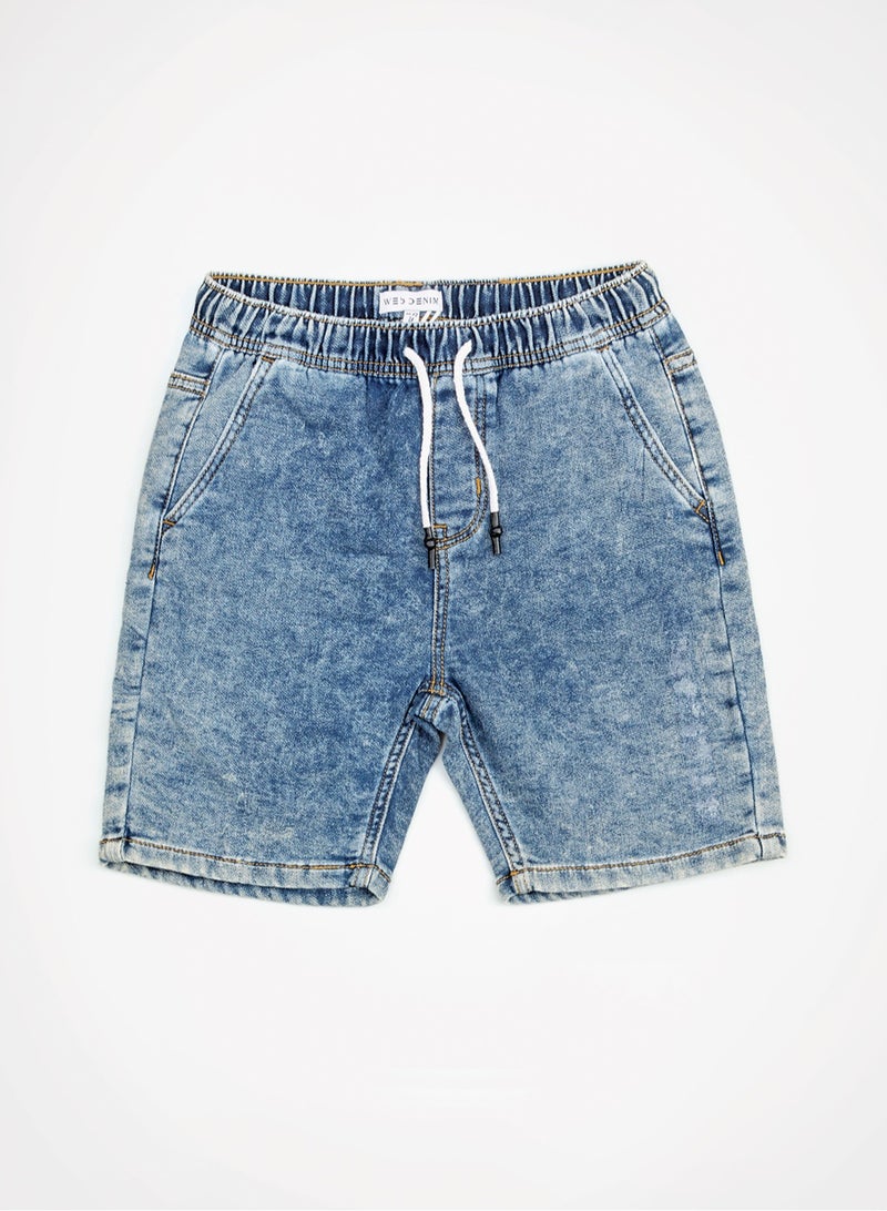 Web Denim Elastic Waistband With Drawstring Yellow Printed Cotton Denim Shorts Comfortable Textured Regular Boy's Shorts Stylish Shorts