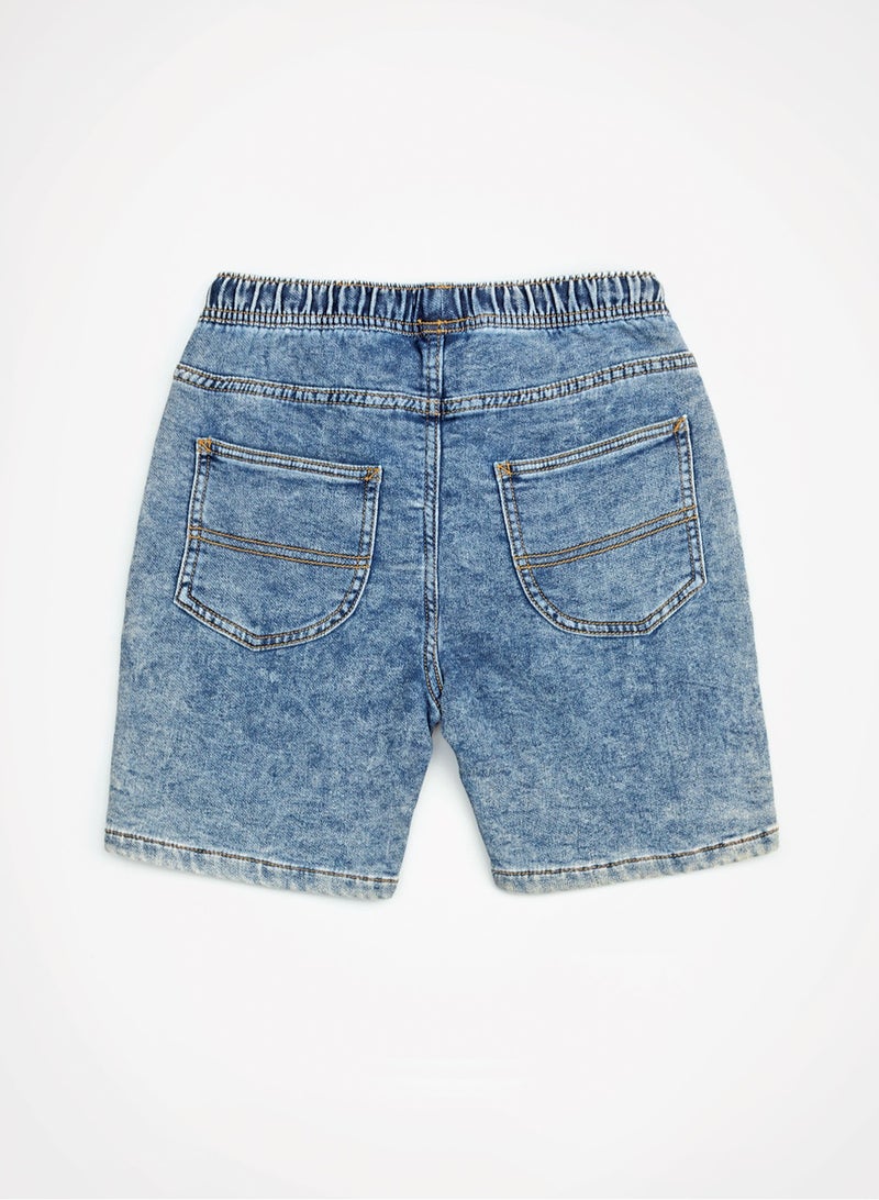 Web Denim Elastic Waistband With Drawstring Yellow Printed Cotton Denim Shorts Comfortable Textured Regular Boy's Shorts Stylish Shorts