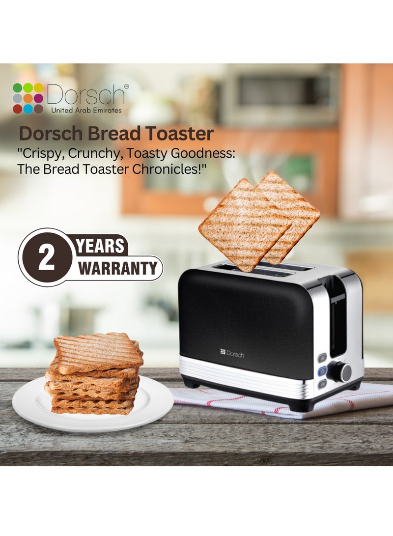 Dorsch TS-90 Bread Toaster - Defrost Function, 2-Slice Capacity, Crumb Collector Tray - Dual Slots, Controlled Toasting, 780-930W Power - Black & Silver, 2-Year Guarantee