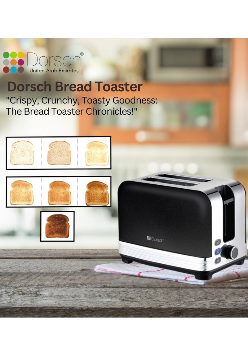 Dorsch TS-90 Bread Toaster - Defrost Function, 2-Slice Capacity, Crumb Collector Tray - Dual Slots, Controlled Toasting, 780-930W Power - Black & Silver, 2-Year Guarantee