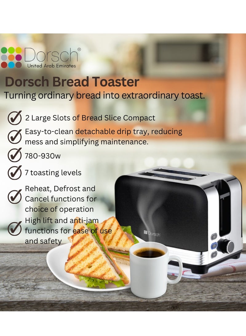 Dorsch TS-90 Bread Toaster - Defrost Function, 2-Slice Capacity, Crumb Collector Tray - Dual Slots, Controlled Toasting, 780-930W Power - Black & Silver, 2-Year Guarantee