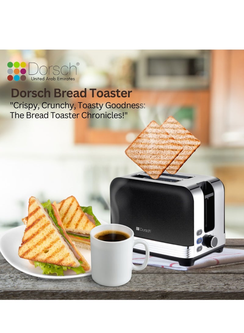 Dorsch TS-90 Bread Toaster - Defrost Function, 2-Slice Capacity, Crumb Collector Tray - Dual Slots, Controlled Toasting, 780-930W Power - Black & Silver, 2-Year Guarantee