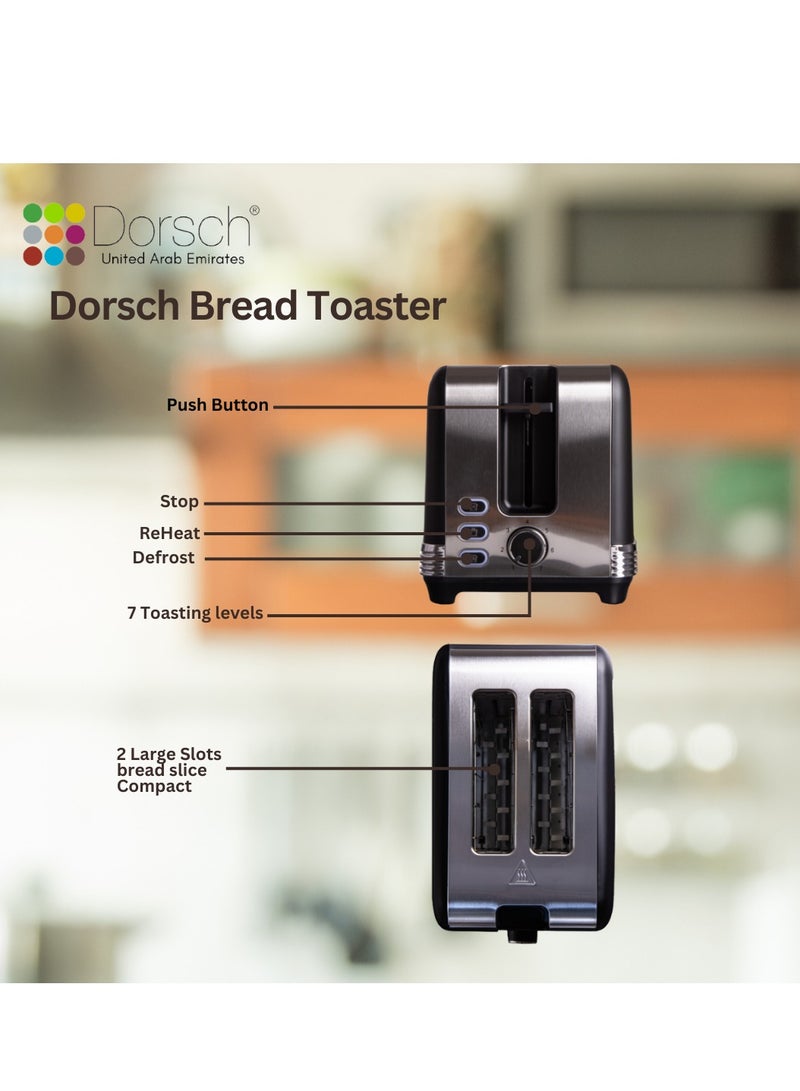 Dorsch TS-90 Bread Toaster - Defrost Function, 2-Slice Capacity, Crumb Collector Tray - Dual Slots, Controlled Toasting, 780-930W Power - Black & Silver, 2-Year Guarantee