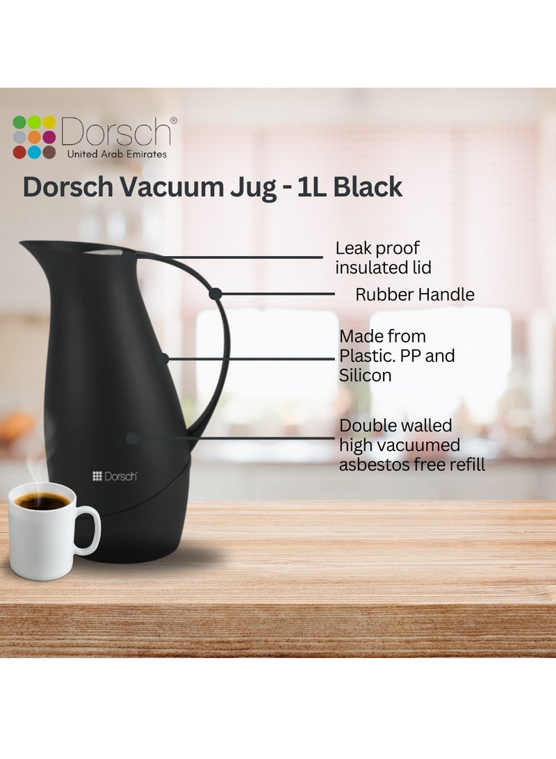 DorschHome Vacuum Jug - 1L Double-Walled Glass Liner, Insulated Rubber Handle, Leakproof Lid - Keeps Hot for 12 Hours, Cold for 24 Hours (Charcoal Black)