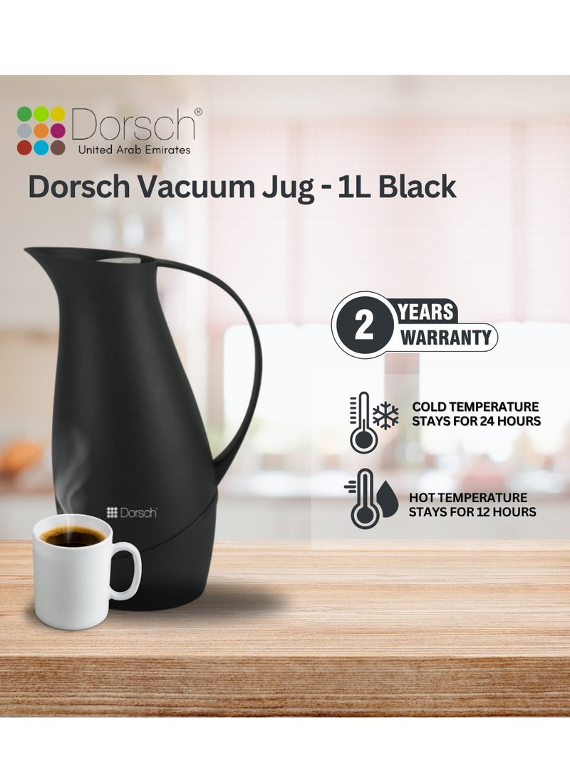 DorschHome Vacuum Jug - 1L Double-Walled Glass Liner, Insulated Rubber Handle, Leakproof Lid - Keeps Hot for 12 Hours, Cold for 24 Hours (Charcoal Black)