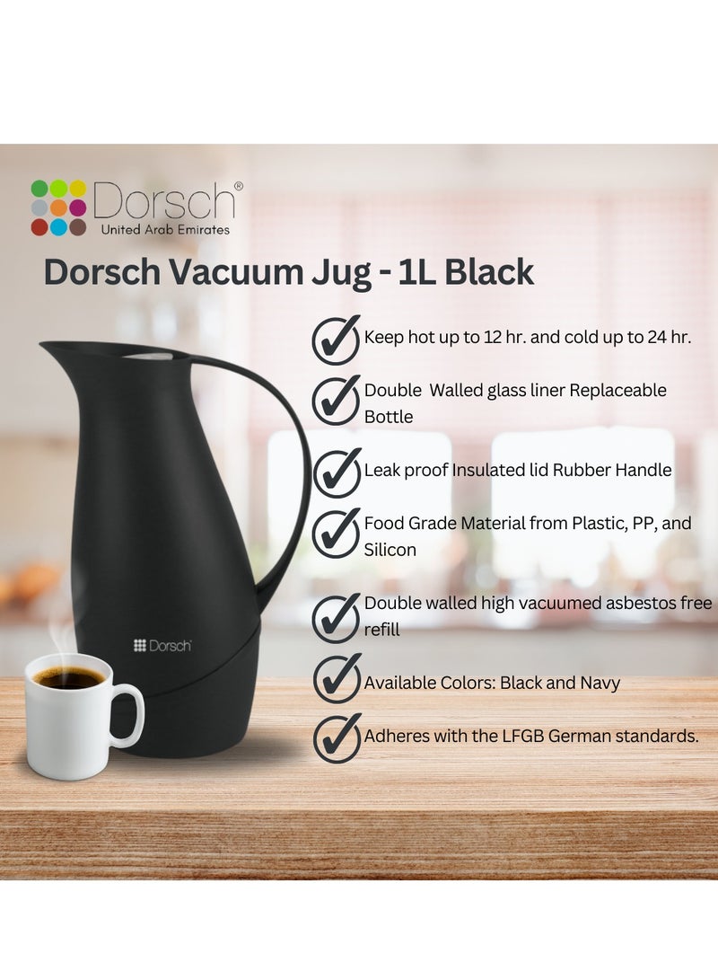 DorschHome Vacuum Jug - 1L Double-Walled Glass Liner, Insulated Rubber Handle, Leakproof Lid - Keeps Hot for 12 Hours, Cold for 24 Hours (Charcoal Black)