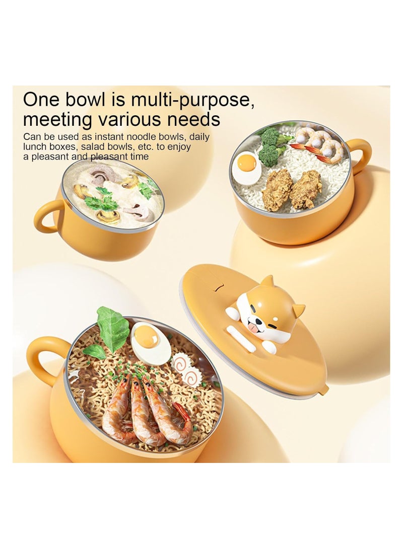 Stainless Steel Noodle Bowl Set, Cartoon Cat Instant Ramen Noodle Bowl with Lid, Japanese Ramen Bowls, Heat Resistant Instant Serving Bowl Portable Salad Pasta Bowl for Office College Dorm - 1200ML