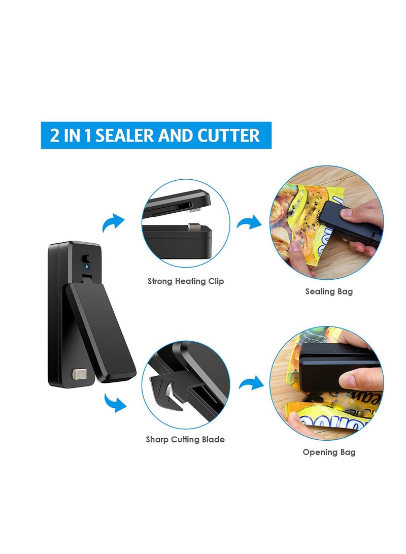 Mini Bag Sealer USB Rechargeable Sealing Machine 2 in 1 Heat Sealer and Cutter Portable Handheld Heat Vacuum Sealer Kitchen Gadget for Snack Fruits Chip Sandwich Plastic Bags Storage