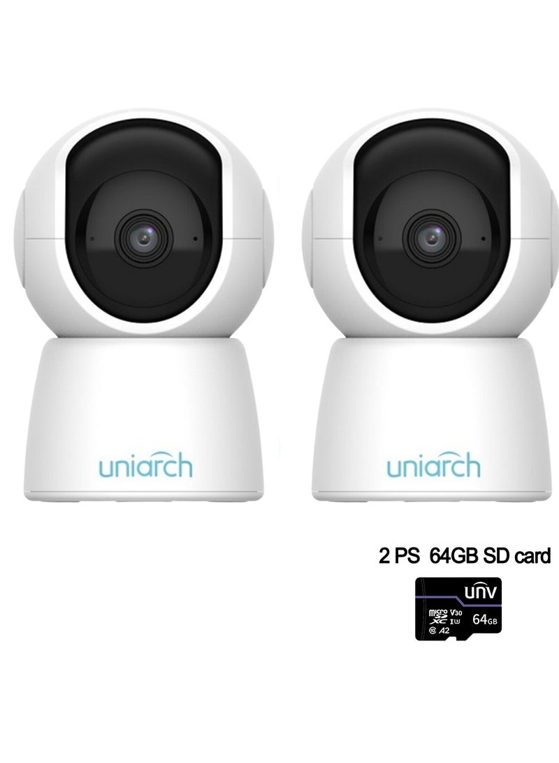 2-Piece of Uniarch High Quality Indoor Pan & Tilt Wi-Fi Camera, 3MP, With 2-Pcs 64GB SD card