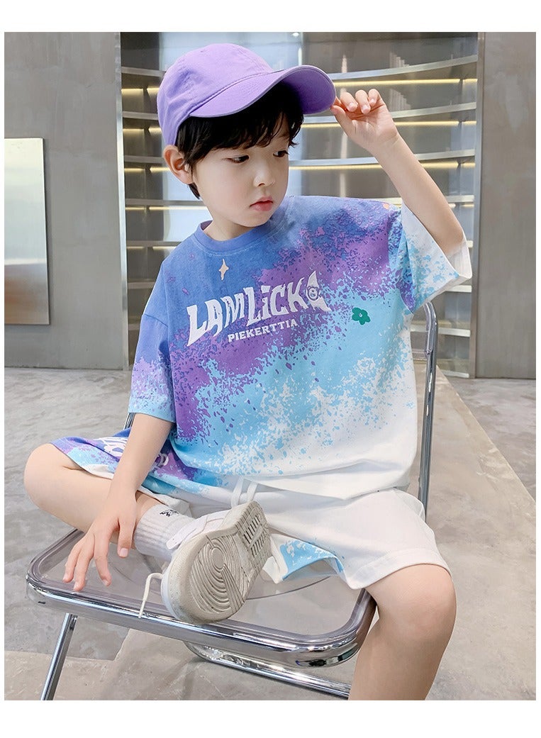 Cool Boy Fashion Print Sports Short Sleeved Shorts Set Suitable For Ages 4-15