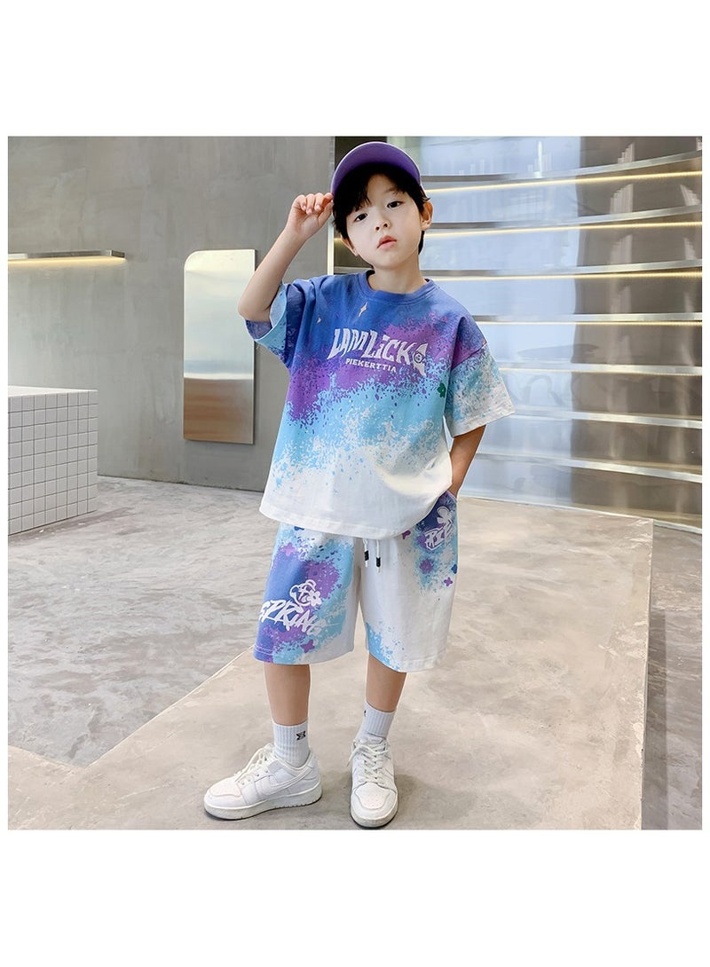 Cool Boy Fashion Print Sports Short Sleeved Shorts Set Suitable For Ages 4-15