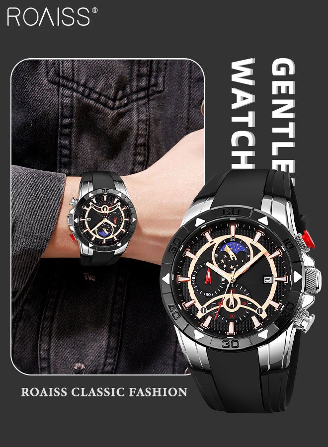 Men's Silicone Strap Chronograph Quartz Watch Round Black Dial with Moon Phase Display Waterproof Luminous Wristwatch as Gift for Men