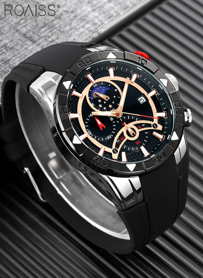 Men's Silicone Strap Chronograph Quartz Watch Round Black Dial with Moon Phase Display Waterproof Luminous Wristwatch as Gift for Men