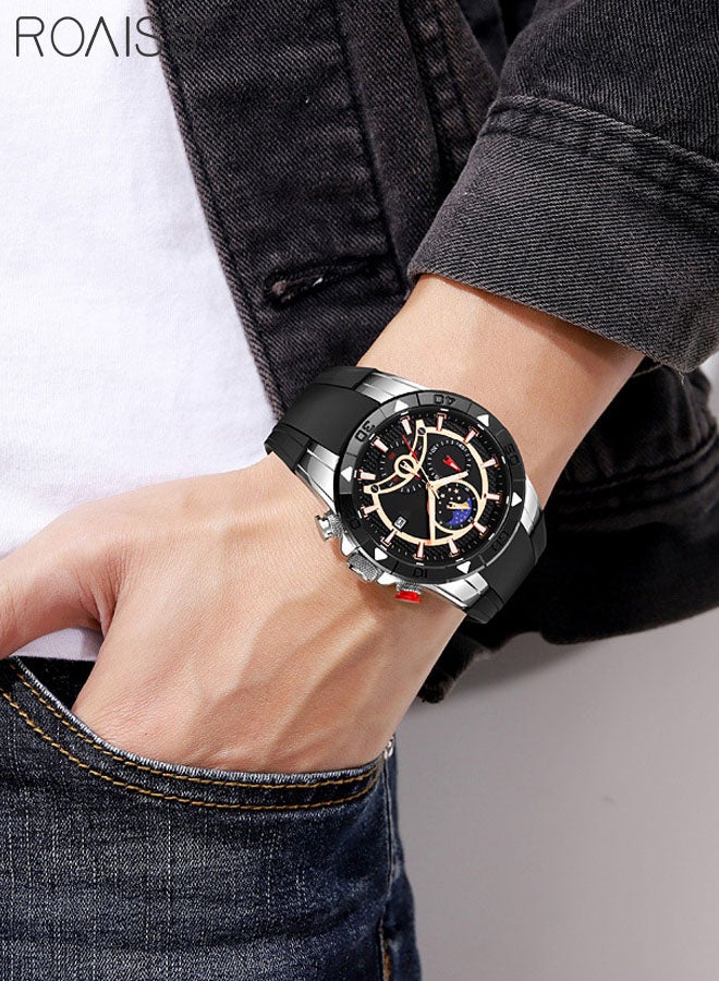 Men's Silicone Strap Chronograph Quartz Watch Round Black Dial with Moon Phase Display Waterproof Luminous Wristwatch as Gift for Men