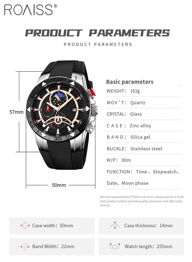 Men's Silicone Strap Chronograph Quartz Watch Round Black Dial with Moon Phase Display Waterproof Luminous Wristwatch as Gift for Men