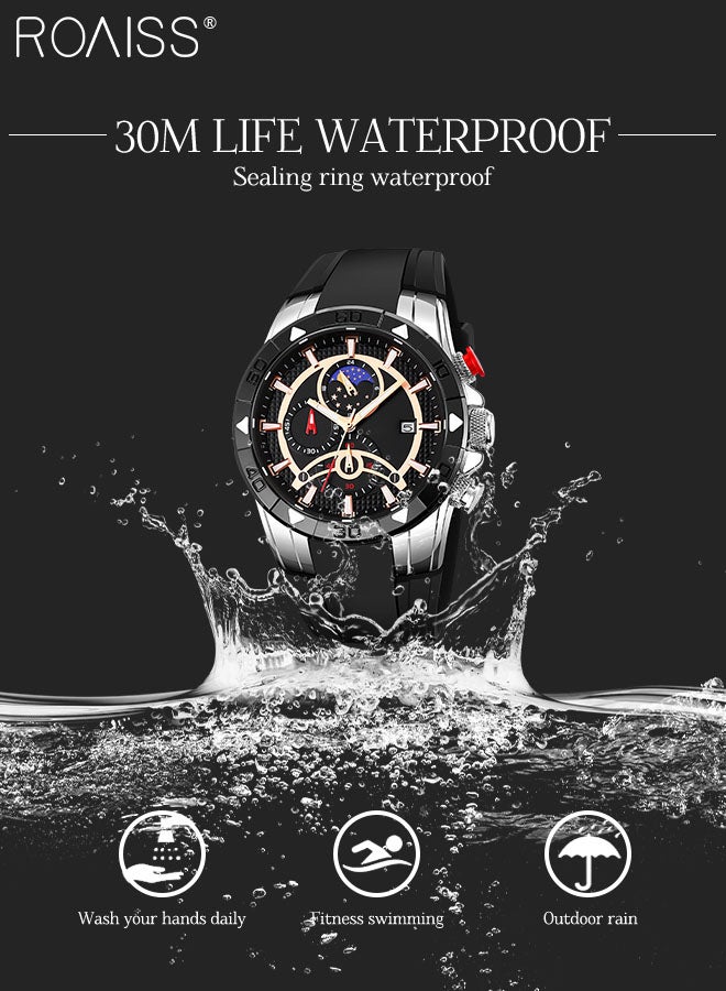 Men's Silicone Strap Chronograph Quartz Watch Round Black Dial with Moon Phase Display Waterproof Luminous Wristwatch as Gift for Men