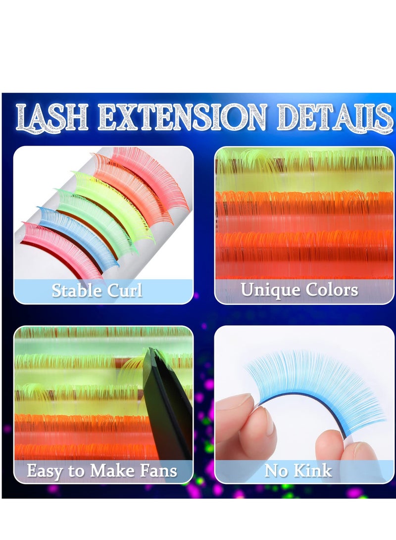 Color Volume Eyelash Extensions, Neon Color False Lashes, Party Makeup Eyelashes, Natural UV Curl, 15-20 mm Length,  0.07 Thickness Multi Color, Long-Lasting Curl Glow in The Dark Lash Extensions