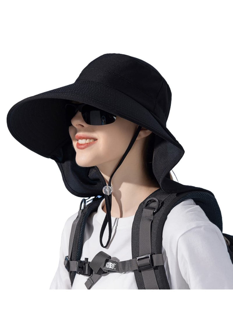 Women Large Brim Sun Hat with Neck Flap, Men Quick Dry Hiking Fishing Safari Hat UPF 50+