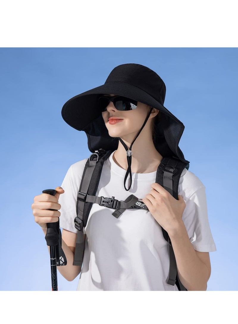 Women Large Brim Sun Hat with Neck Flap, Men Quick Dry Hiking Fishing Safari Hat UPF 50+