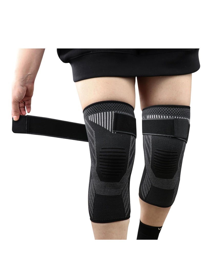 2 Pack Knee Braces with Strap for Knee Pain, Knee Compression Sleeve for Men and Women, Knee Support for Weightlifting, Gym, Workout, Volleyball, Meniscus Tear Arthritis Joint Pain Relief ACL etc