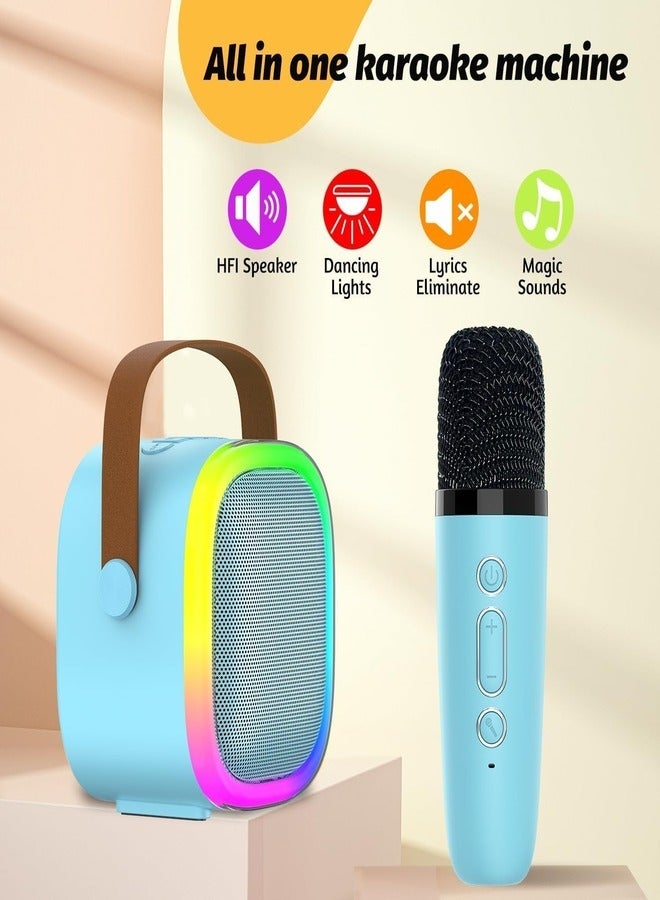 Kids' Karaoke Singing Machine Portable Bluetooth Speaker with Wireless Mics and Colorful Lights (Blue)