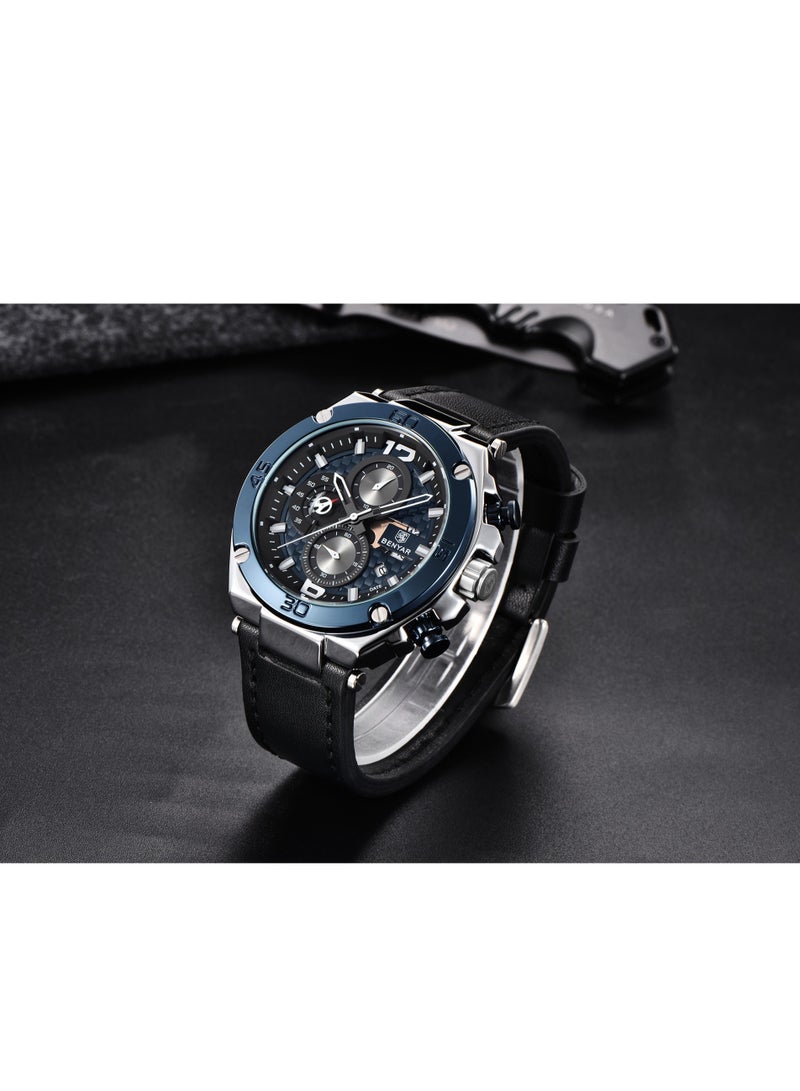 Watches for Men Luxury Quartz Water Resistant Watch Men's Chronograph Genuine Leather Strap 5151 Black