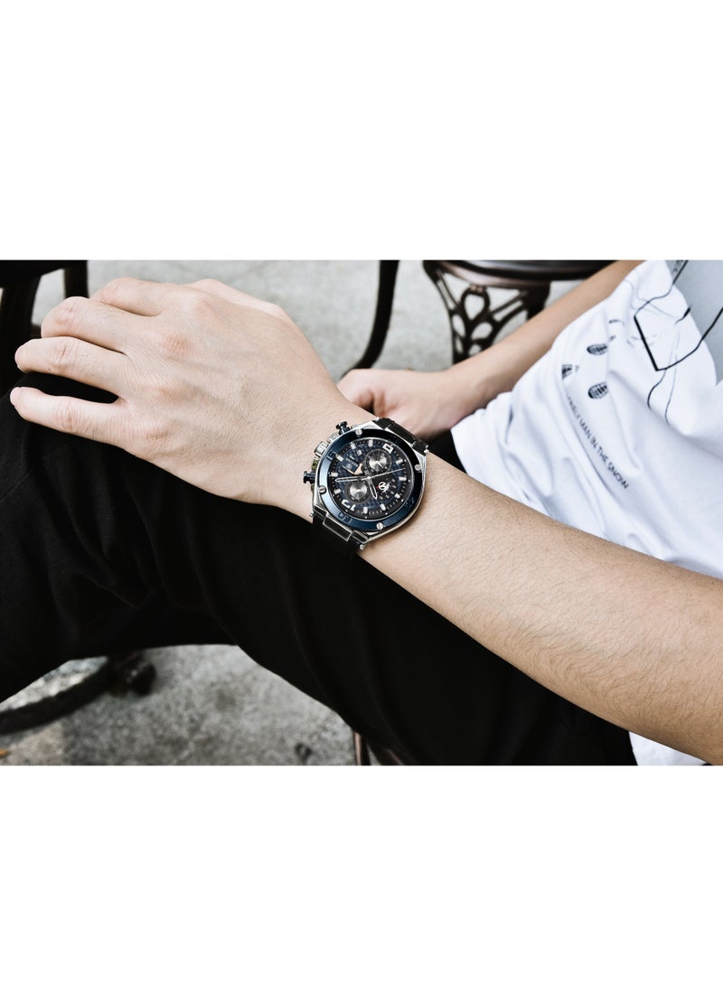 Watches for Men Luxury Quartz Water Resistant Watch Men's Chronograph Genuine Leather Strap 5151 Black