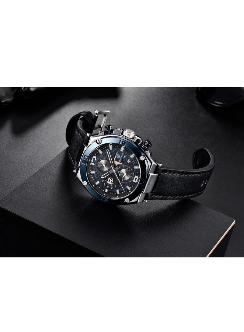 Watches for Men Luxury Quartz Water Resistant Watch Men's Chronograph Genuine Leather Strap 5151 Black