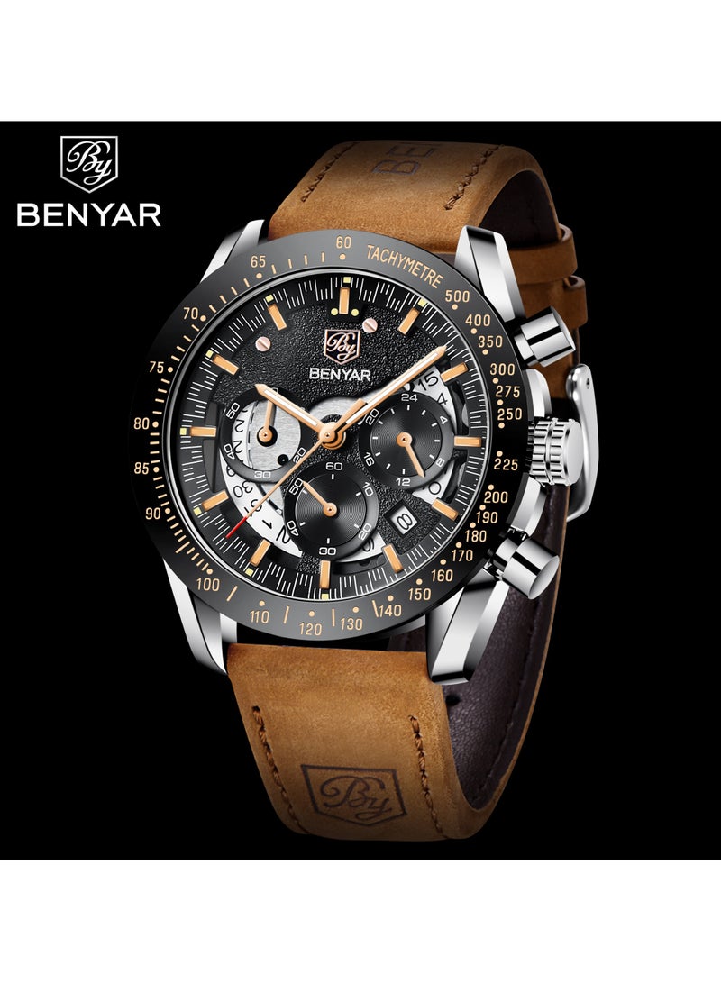 Watches for Men Luxury Quartz Water Resistant Watch Men's Chronograph Genuine Leather Strap 5120 Brown