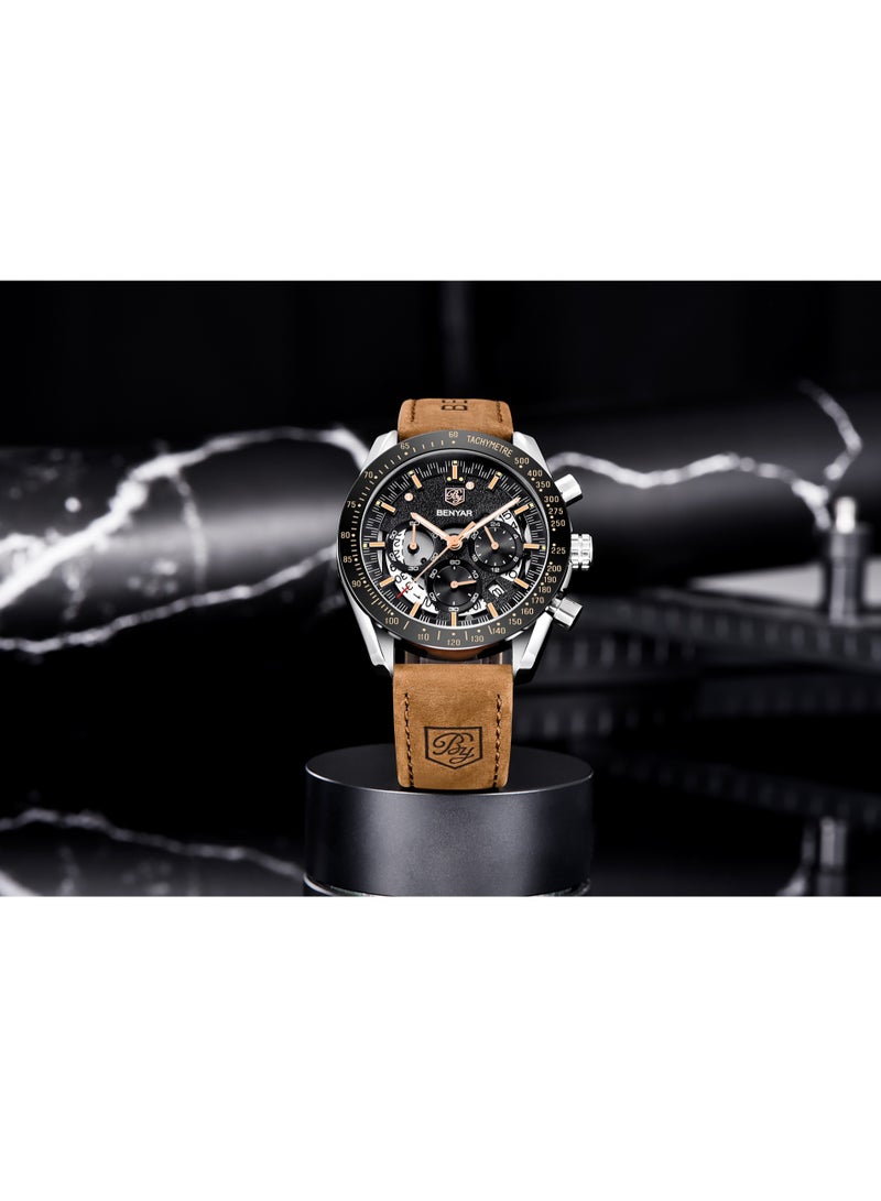 Watches for Men Luxury Quartz Water Resistant Watch Men's Chronograph Genuine Leather Strap 5120 Brown