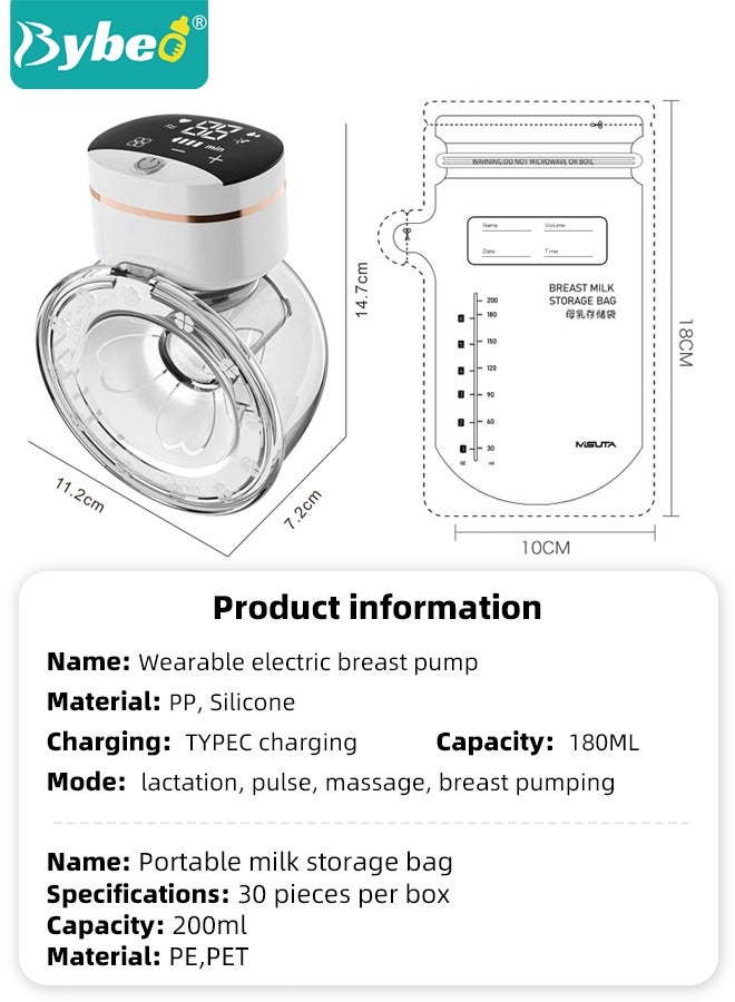 Wearable Breast Pump with 30 PCS Breastmilk Storage Bags, Hands-Free Electric Breast Pump, Portable and Wireless Breast Pump with 4 Modes & 9 Levels, LCD Display, Low Noise