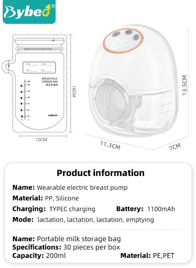 Wearable Breast Pump with 30 PCS Breastmilk Storage Bags, Hands-Free Electric Breast Pump, Portable and Wireless Breast Pump with 4 Modes & 12 Levels, LCD Display, Low Noise