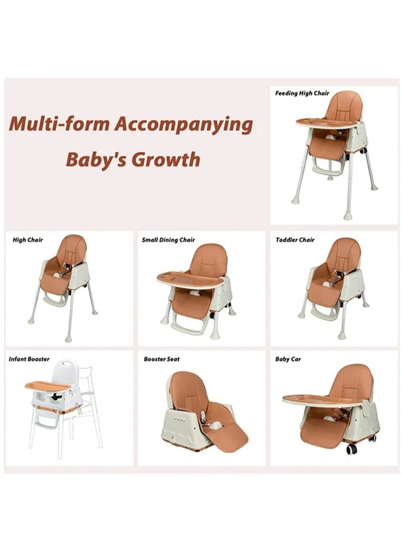 Baby High Chair, Portable Feeding Chair with Dining Tray, Height-Adjustable Dining Table Chair for Baby 3 Months to 4 Years (Brown)