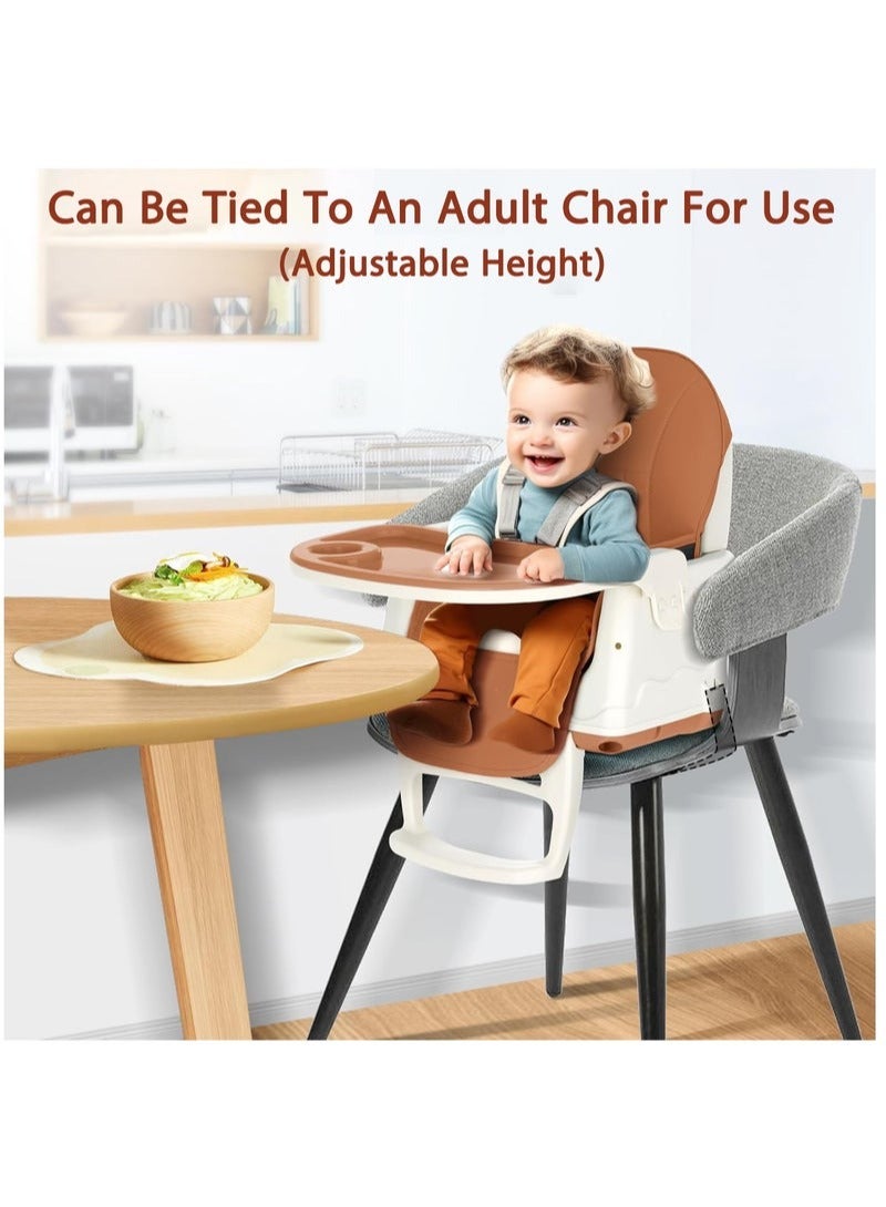 Baby High Chair, Portable Feeding Chair with Dining Tray, Height-Adjustable Dining Table Chair for Baby 3 Months to 4 Years (Brown)