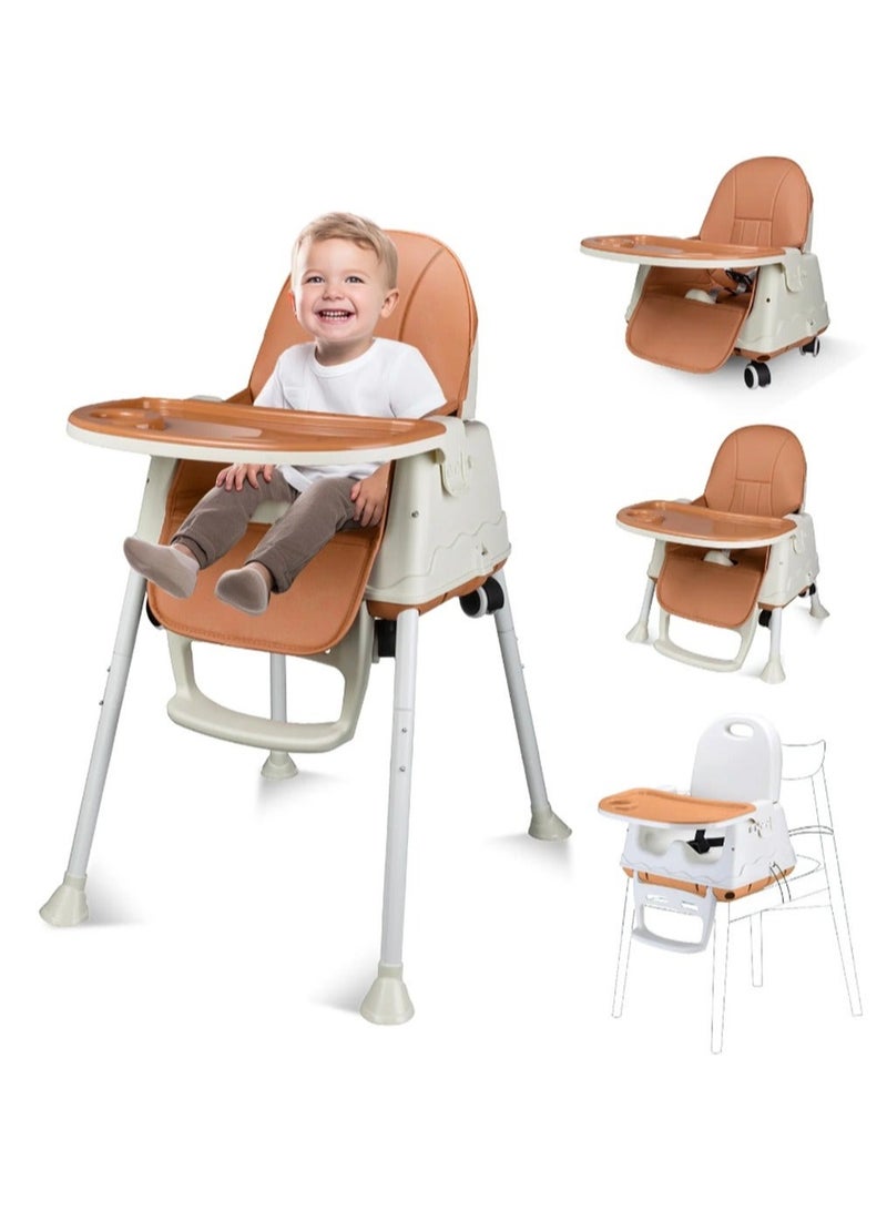 Baby High Chair, Portable Feeding Chair with Dining Tray, Height-Adjustable Dining Table Chair for Baby 3 Months to 4 Years (Brown)