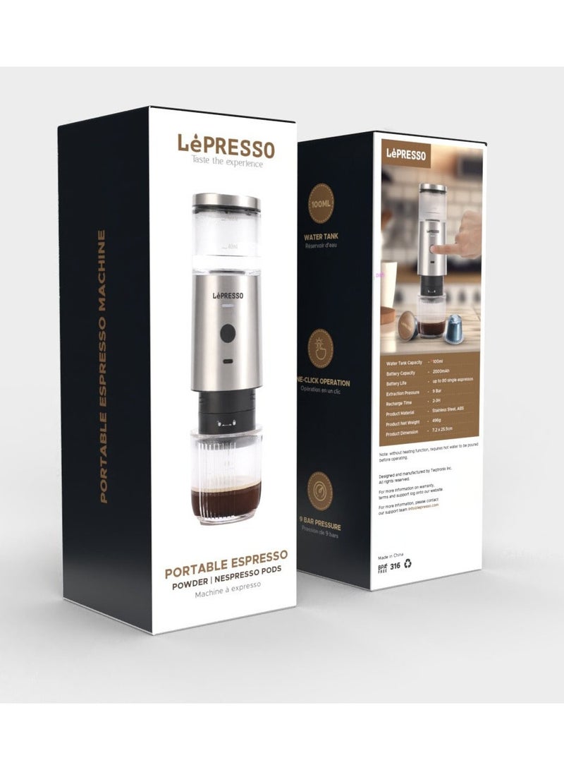 Stainless Steel Portable Espresso Coffee Maker Powder and Nespresso Pods Coffee Machine with 9 Bar Pressure, 100ml Water Tank Capacity - Silver