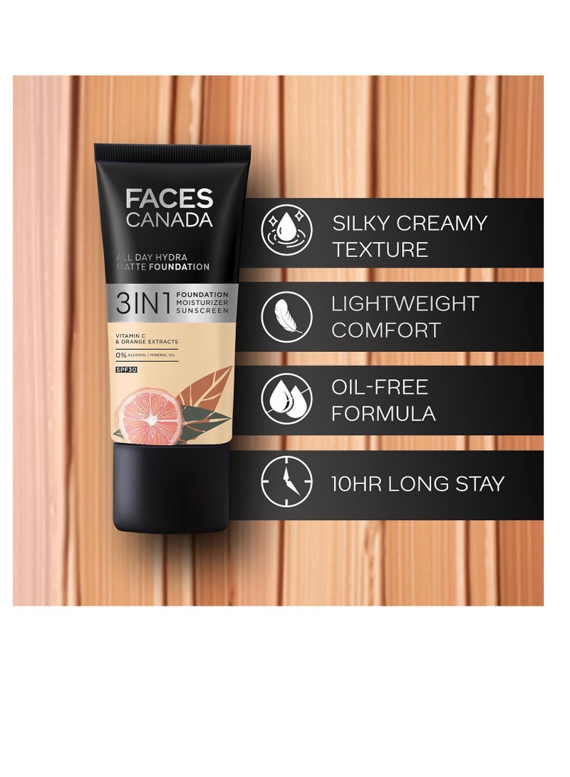 FACESCANADA All Day Hydra Matte Foundation 3 In 1 Foundation  Moisturizer Cream  Spf 30  24 Hr Aloe Hydration and Vitamin C 10Hr Long Wear Medium To High Buildable Coverage  Absolute Ivory 25Ml