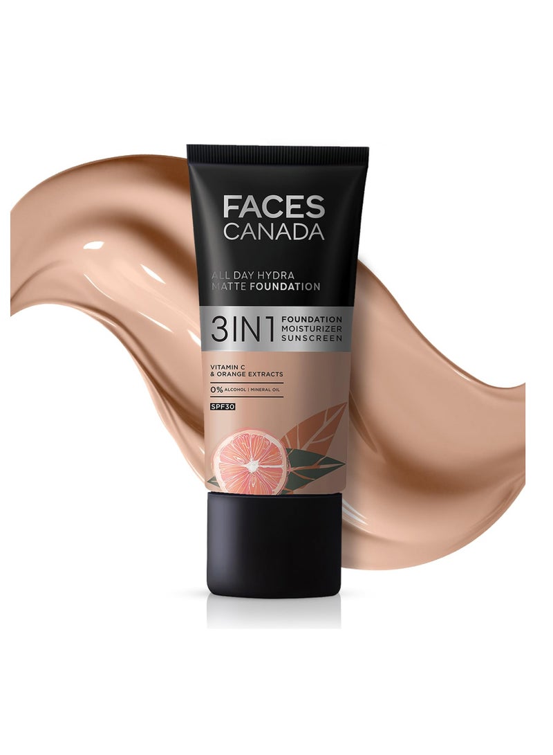 FACESCANADA All Day Hydra Matte Foundation 3 In 1 Foundation  Moisturizer Cream  Spf 30  24 Hr Aloe Hydration and Vitamin C 10Hr Long Wear Medium To High Buildable Coverage Warm Natural 25Ml