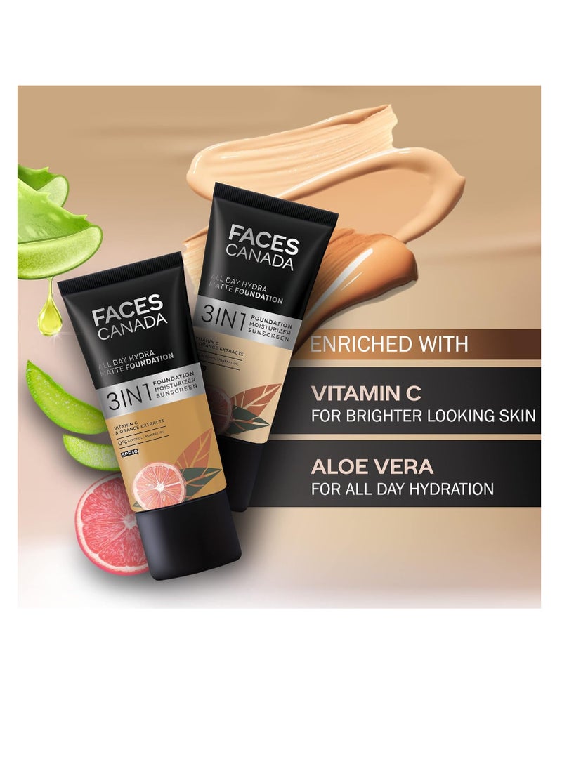 FACESCANADA All Day Hydra Matte Foundation 3 In 1 Foundation  Moisturizer Cream  Spf 30  24 Hr Aloe Hydration and Vitamin C 10Hr Long Wear Medium To High Buildable Coverage Warm Natural 25Ml