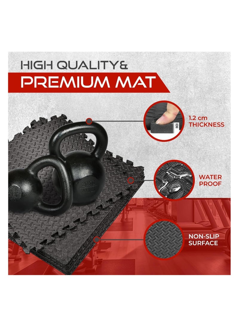 Exercise Floor Mats Pack of 12 ，dimension 12 x 12- EVA Foam Mats with Interlocking Floor Tiles - Exercise underpads for home and fitness equipment(Black)