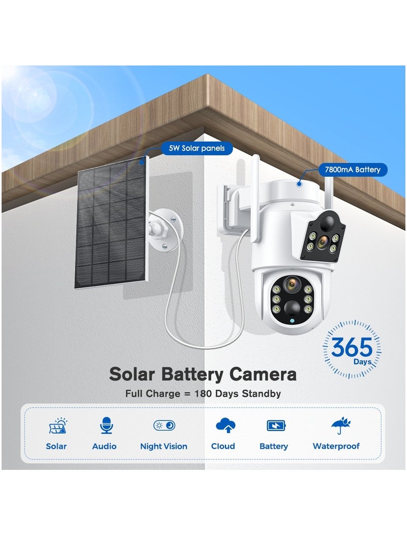 4MP Dual Lens Solar Wi-Fi Security Camera, HD Color Night Vision, IP66 Waterproof, Motion Detection, Motion Tracking, 7800 mAh High Capacity Battery, PTZ Control, Dual Monitoring Solar Outdoor Camera