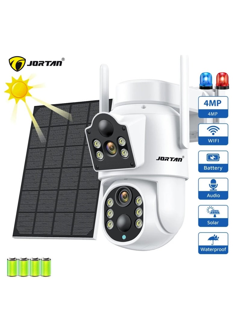 4MP Dual Lens Solar Wi-Fi Security Camera, HD Color Night Vision, IP66 Waterproof, Motion Detection, Motion Tracking, 7800 mAh High Capacity Battery, PTZ Control, Dual Monitoring Solar Outdoor Camera