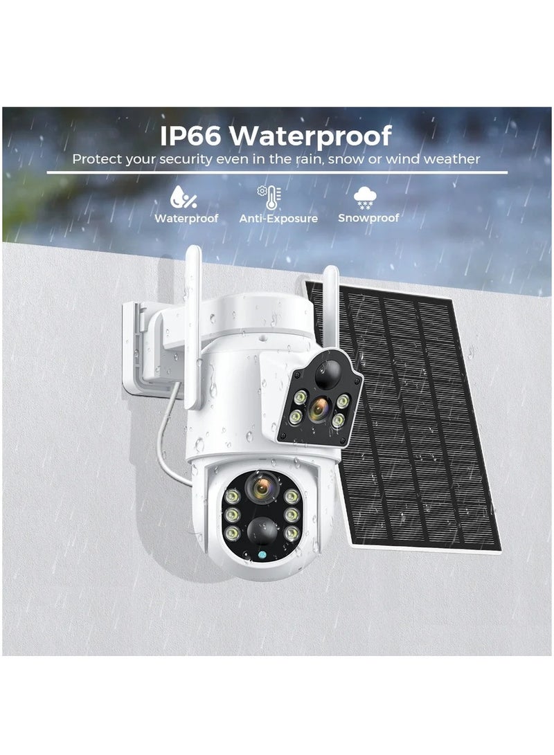 4MP Dual Lens Solar Wi-Fi Security Camera, HD Color Night Vision, IP66 Waterproof, Motion Detection, Motion Tracking, 7800 mAh High Capacity Battery, PTZ Control, Dual Monitoring Solar Outdoor Camera