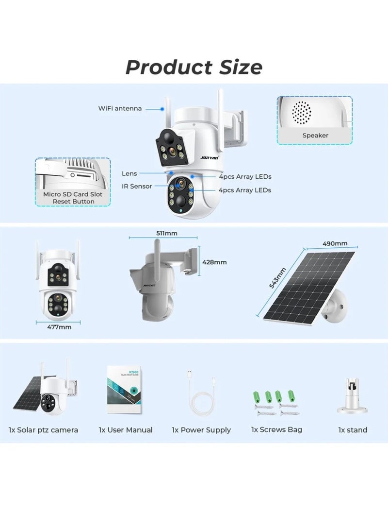 4MP Dual Lens Solar Wi-Fi Security Camera, HD Color Night Vision, IP66 Waterproof, Motion Detection, Motion Tracking, 7800 mAh High Capacity Battery, PTZ Control, Dual Monitoring Solar Outdoor Camera