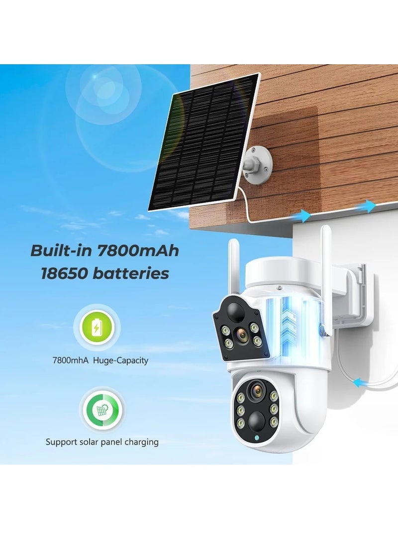 4MP Dual Lens Solar Wi-Fi Security Camera, HD Color Night Vision, IP66 Waterproof, Motion Detection, Motion Tracking, 7800 mAh High Capacity Battery, PTZ Control, Dual Monitoring Solar Outdoor Camera