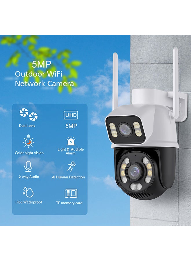 WiFi Outdoor Security Camera, 2.4GHz ,5MP Dual Screen Camera with Auto Tracking, Human Detect, Color Night Vision, Two-Way Audio - White