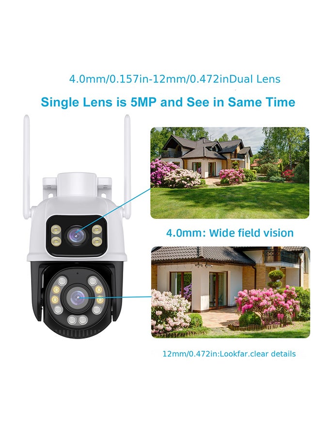 WiFi Outdoor Security Camera, 2.4GHz ,5MP Dual Screen Camera with Auto Tracking, Human Detect, Color Night Vision, Two-Way Audio - White