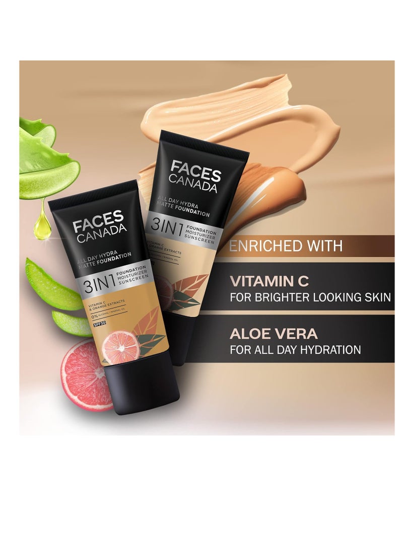 FACESCANADA All Day Hydra Matte Foundation 3 In 1 Foundation  Moisturizer Cream  Spf 30  24 Hr Aloe Hydration and Vitamin C 10Hr Long Wear Medium To High Buildable Coverage Rose Ivory 011 25Ml